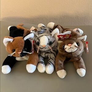 NWT Ty Beanie Baby Trio 1990’s- Black, Gray, and Brown Cats